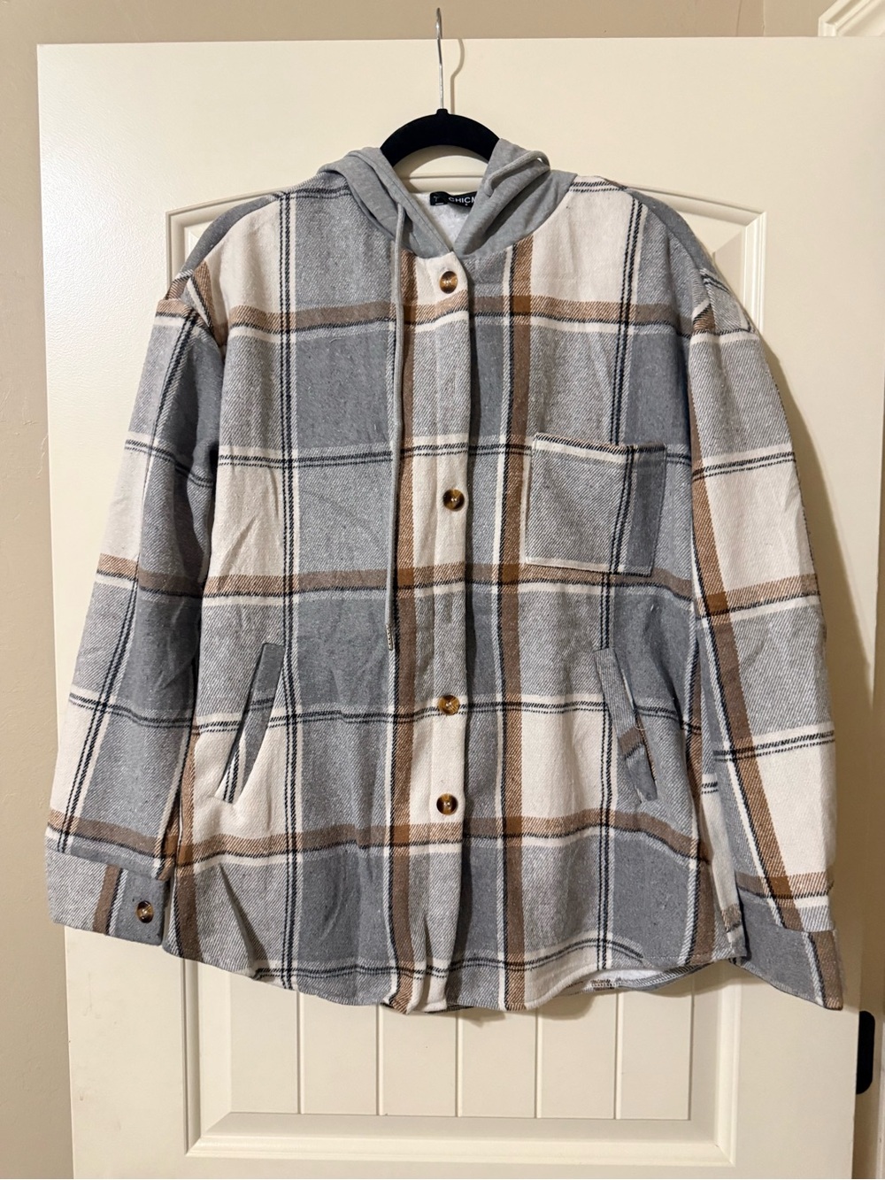 Plaid Hooded Shacket in Gray and Cream NWOT
